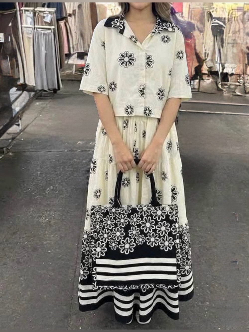 Double D, Bangkok Black & White Floral Blouse and Maxi Skirt Set, one size NWOT